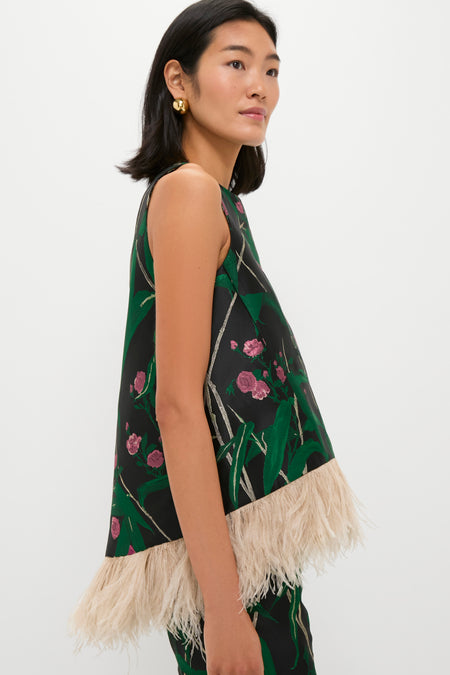 Bamboo Jacquard La Scala Top with Feathers
