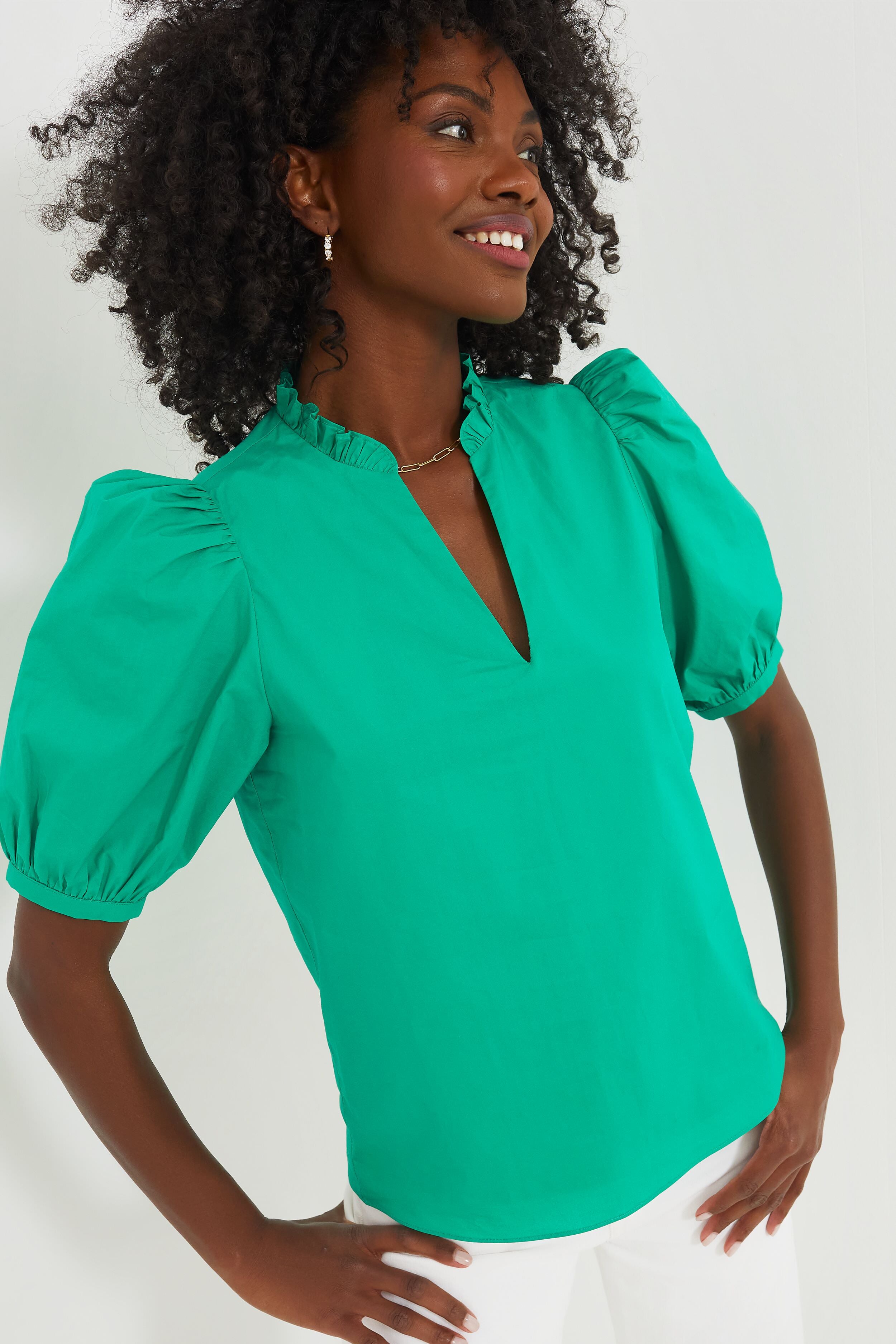 Beulah Style Button 2024 Up Volume Ruffle Short Sleeve Top Women’s L Kelly Green