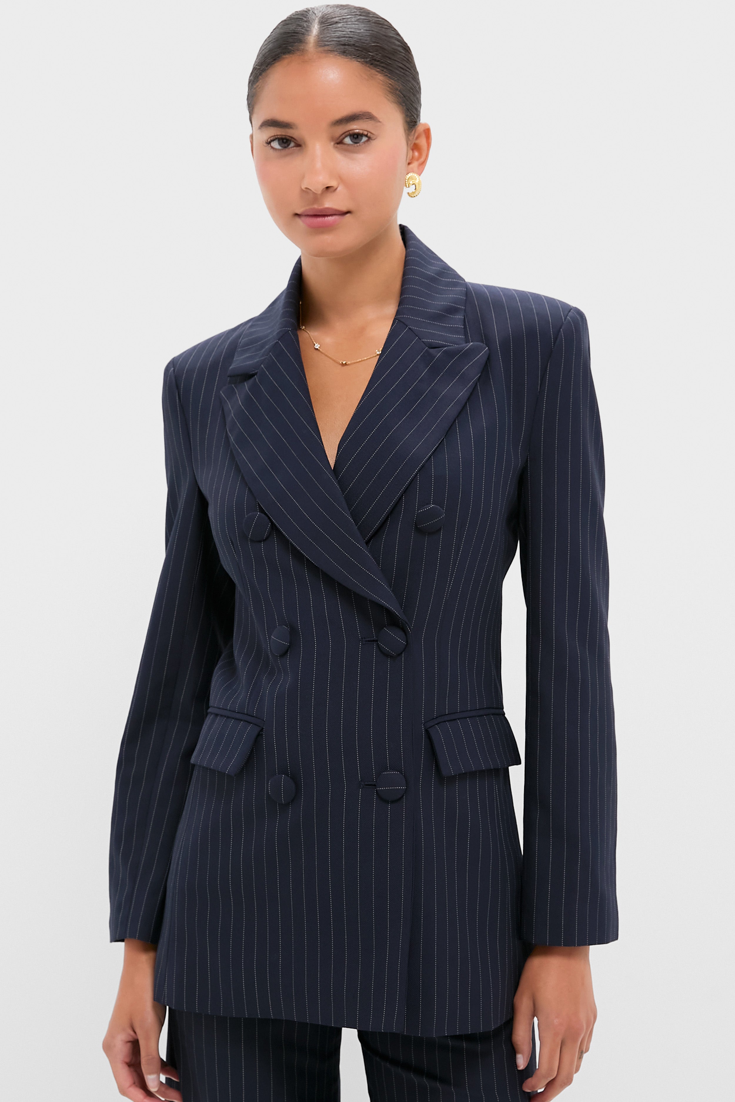 Navy Pinstripe Strong Shoulder Blazer | Emerson Fry