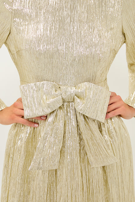 Sequin Back Bow Dress In Gold Gold Plisse Carol Bow Mini Dress Sequin Back Bow Dress In Gold Gold Plisse Carol Bow Mini Dress