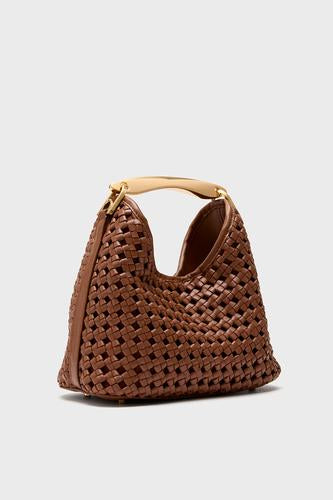 Cognac Woven Leather Small Boomerang Bag