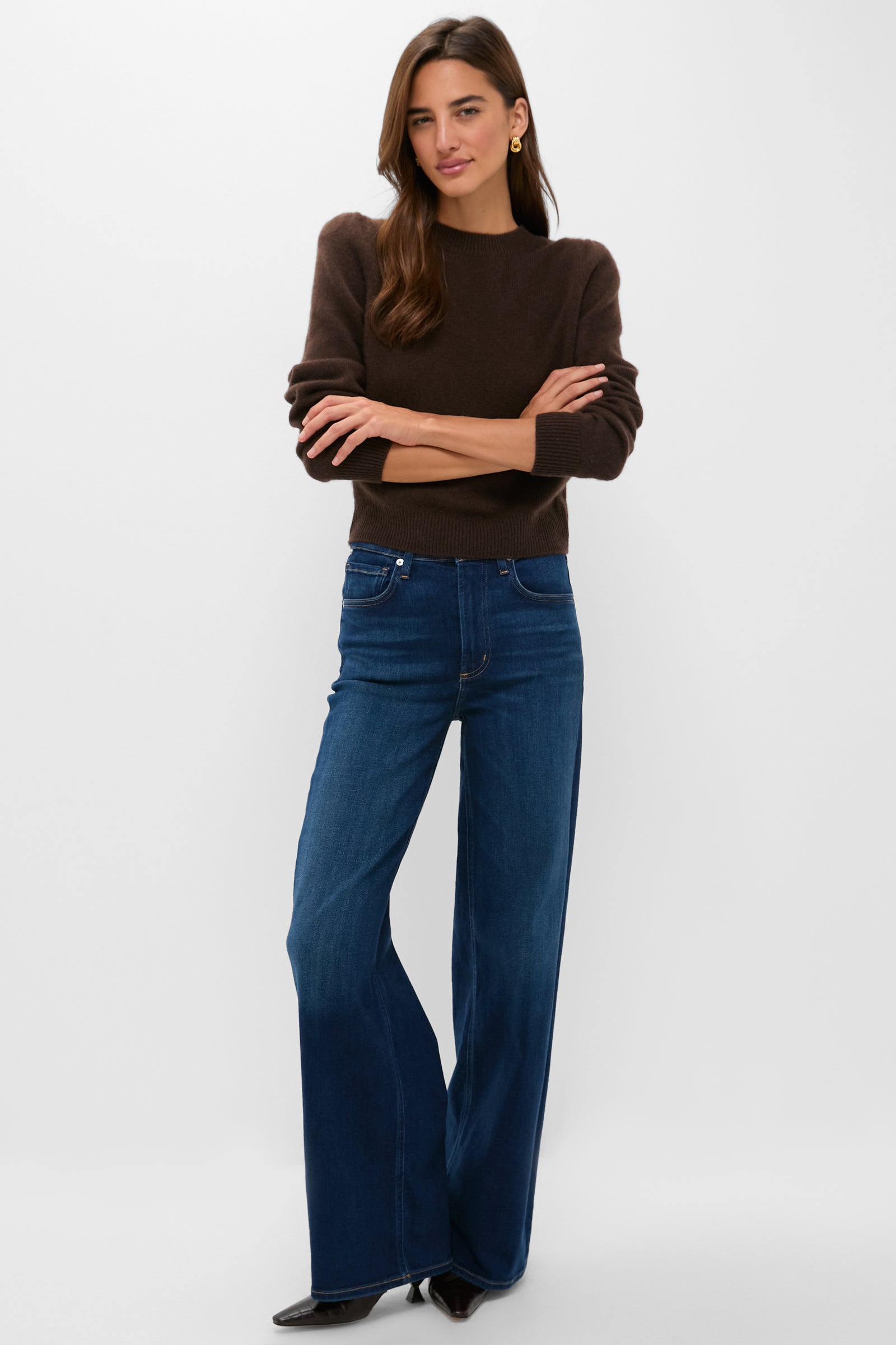 Chocolate Cashmere Puff Sleeve Macy Crewneck Sweater