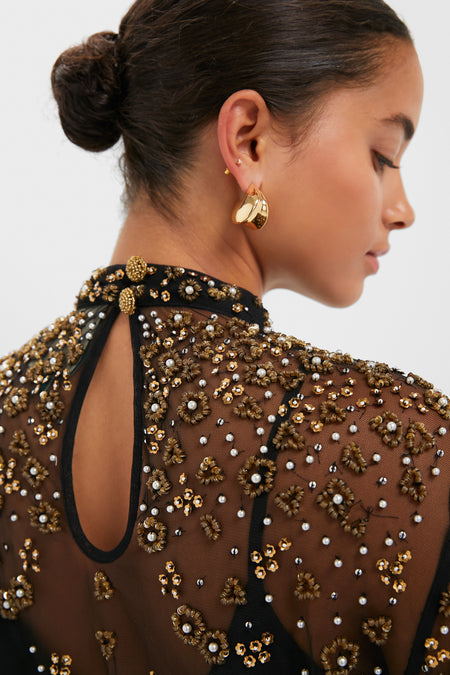 Black Embroidered Bubble Tulle Blouse