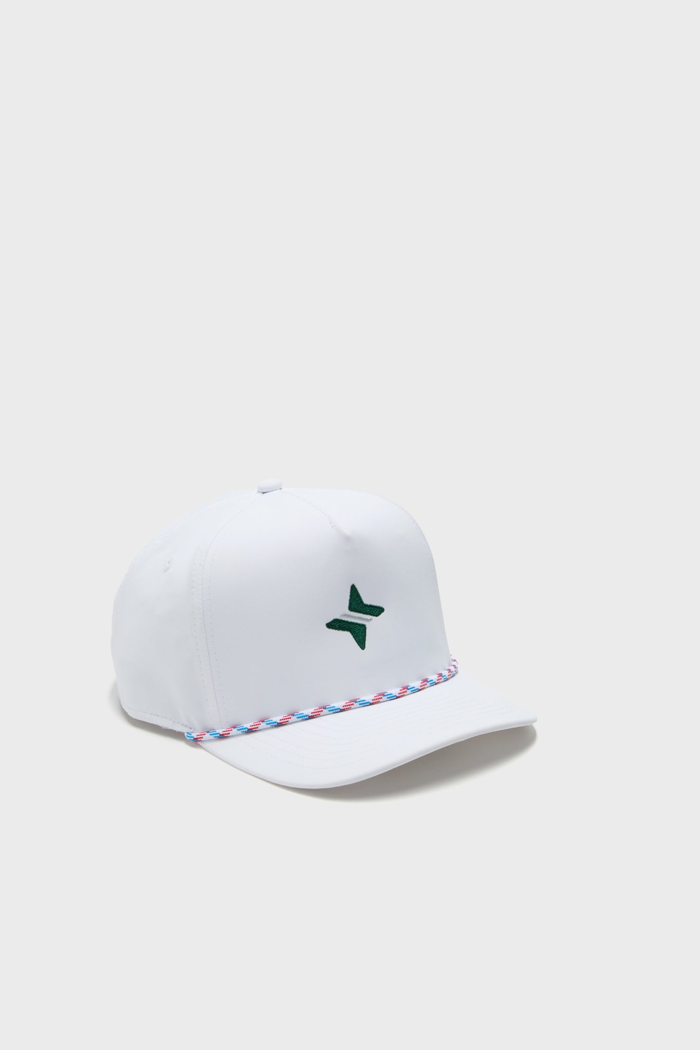 The Tnuck Sport x Imperial Junior Tuckernuck Hat is white with a green embroidered logo on the front and a pink and blue braided band above the brim, blending classic style with modern design.