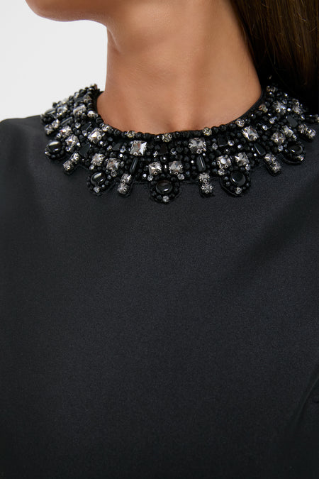 Black Taffeta Embellished Trim Mini Dress