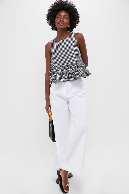 Black Crinkled Taffeta Check Open Back Frill Top