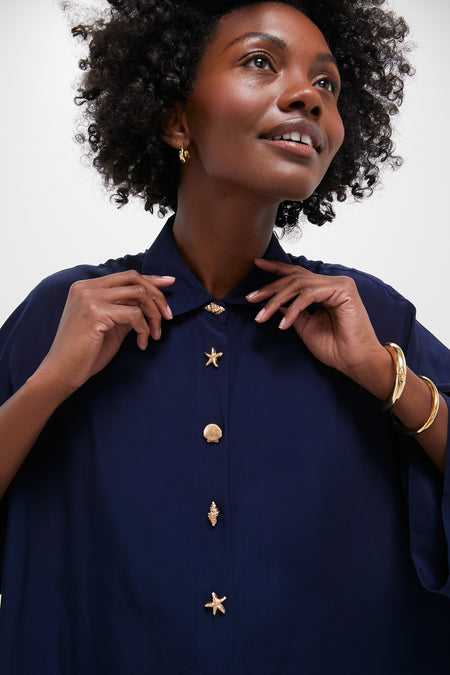 Navy Viscose Charmeuse Nautilus Blouse