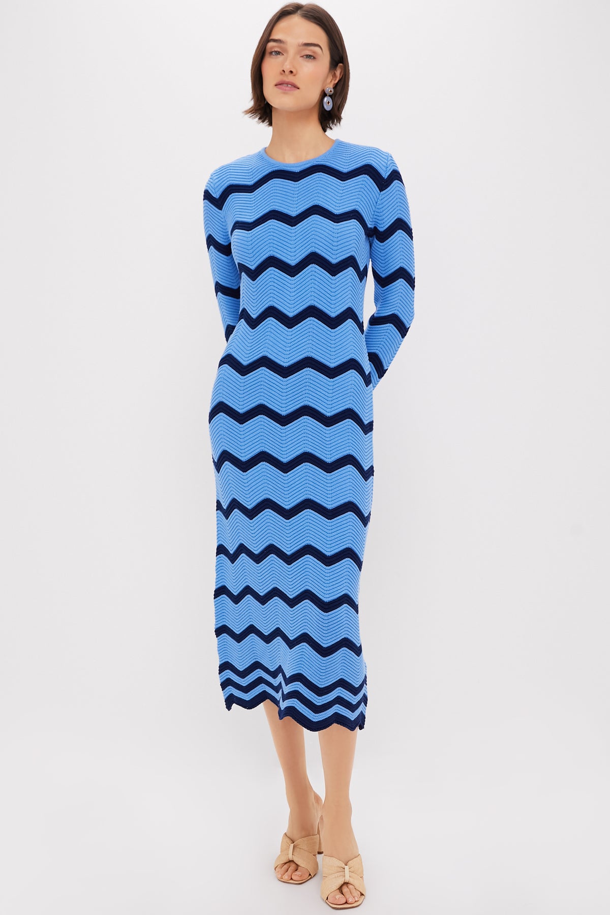 Cornflower Blue & Navy Zig-Zag Stripe Callan Knit Midi Dress