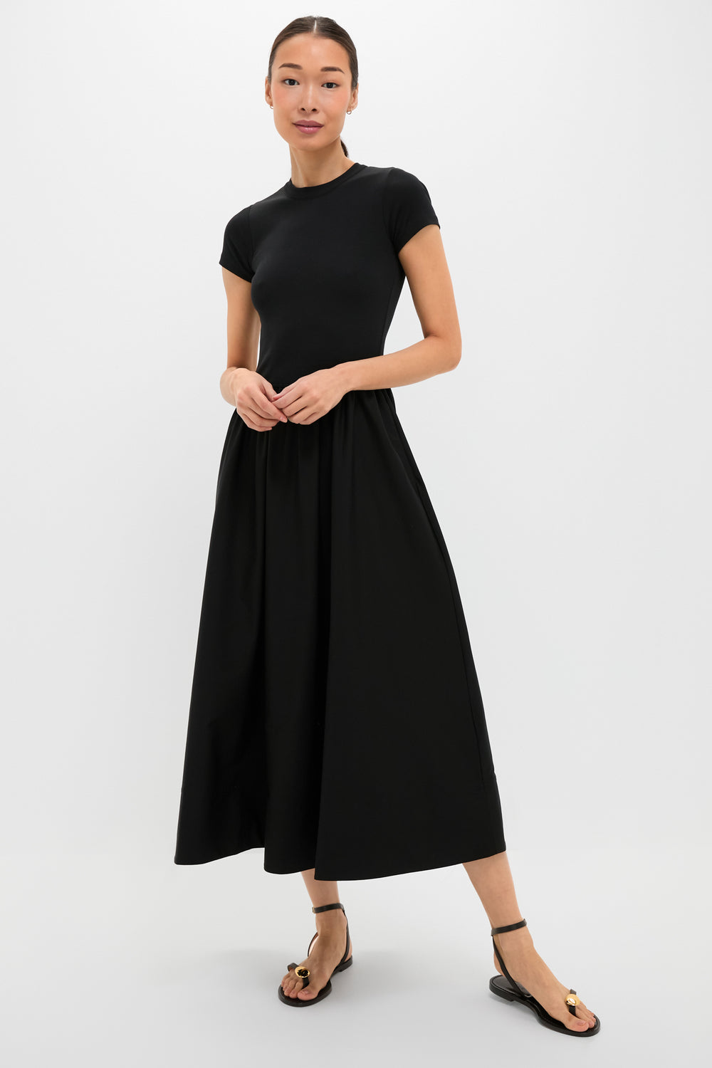 Black Rib Knit Crew Neck Short Sleeve A-Line Dress