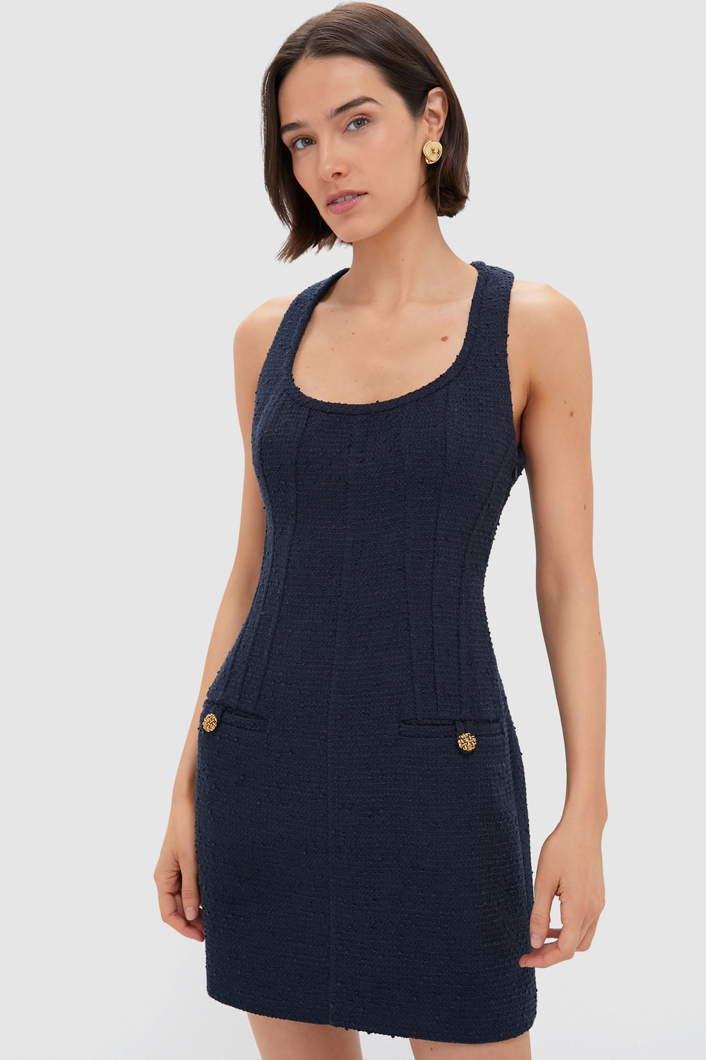 navy blue tweed dress Sleeveless Cotton Tweed Dress Dark Navy / XS