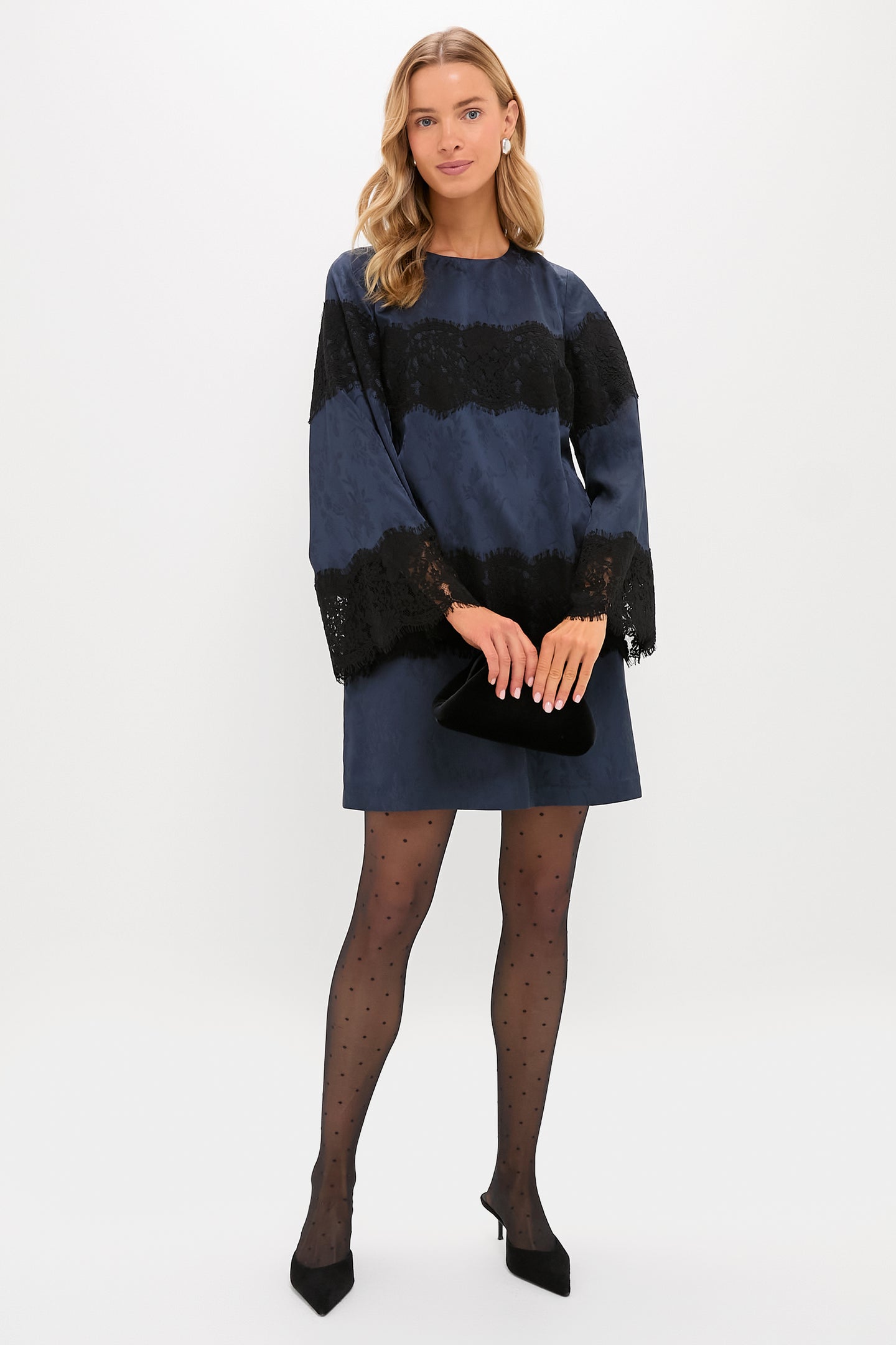 Navy Jacquard and Black Lace Camilla Dress