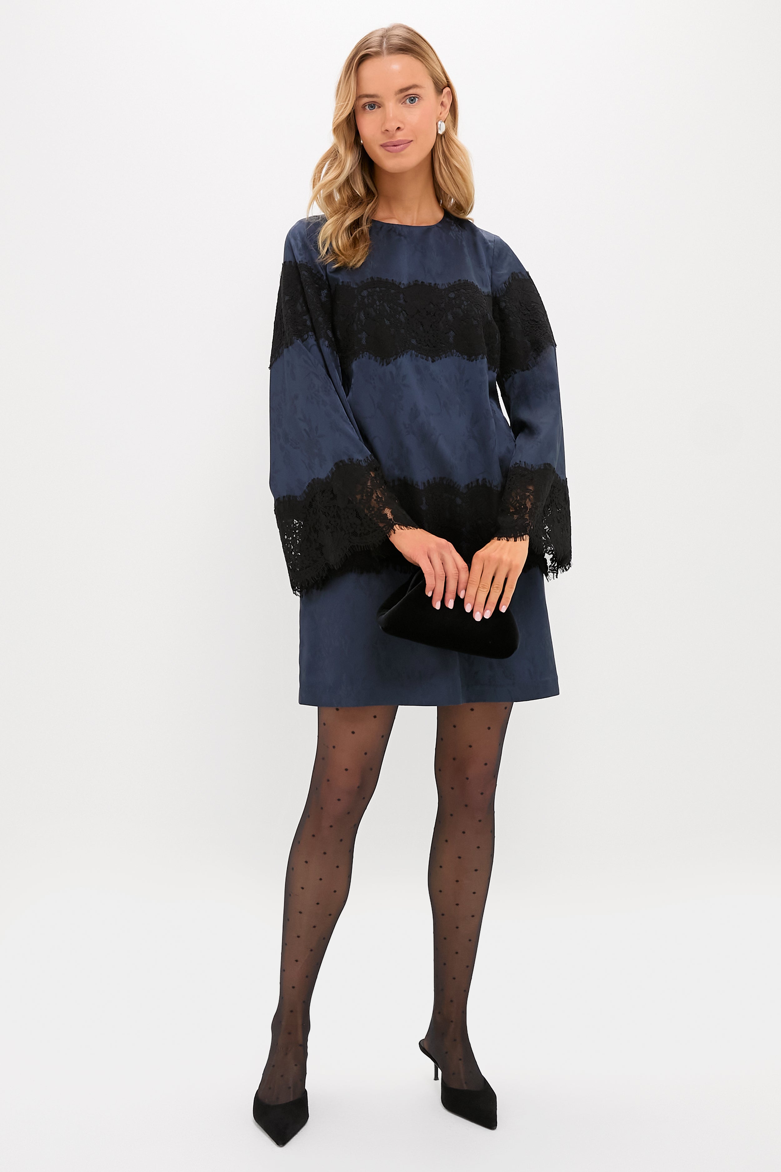Navy Jacquard and Black Lace Camilla Dress