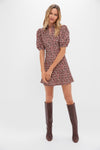 Brown & Red Floral Corduroy Front Zip Mini Dress