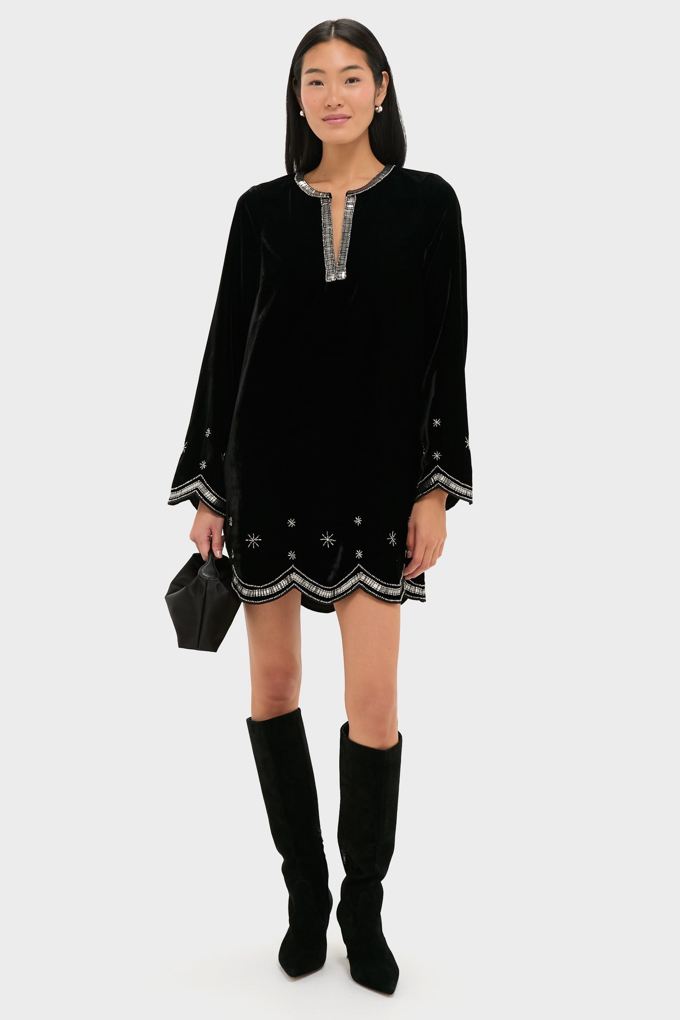 Black Embellished Velvet Cabot Dress