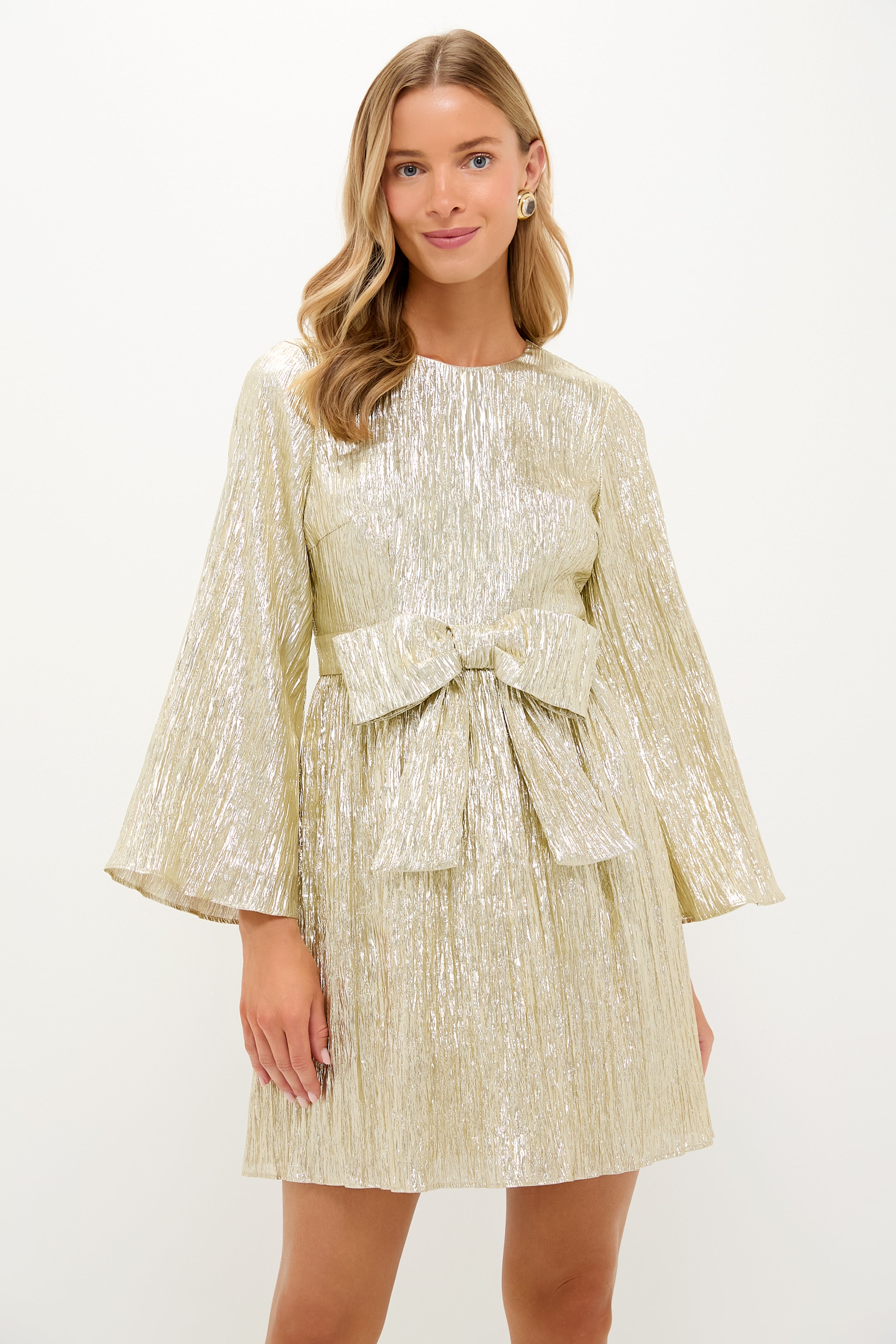 Gold Plisse Carol Bow Mini Dress | Hyacinth House