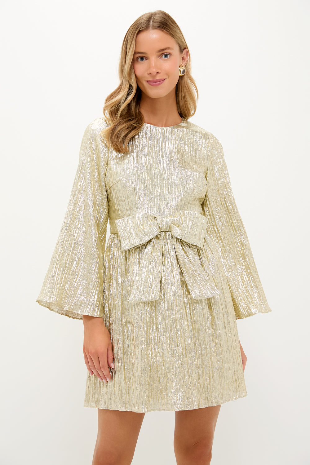 Gold Plisse Carol Bow Mini Dress Hyacinth House Gold Plisse / XL