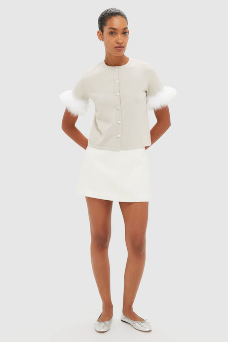 Beige Miss Kitty Short Sleeve Cardigan with Detachable Feathers