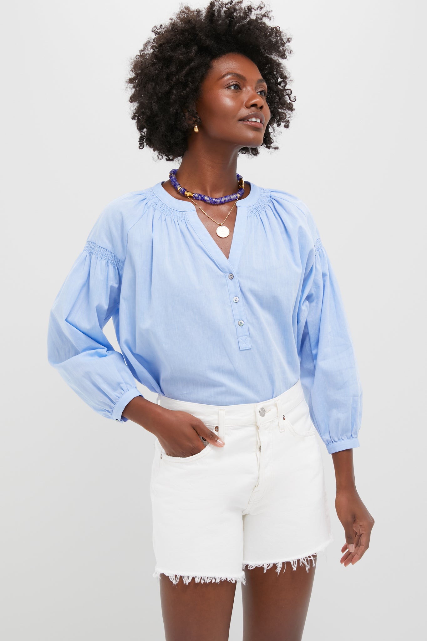 Chambray Band Collar Ashton Popover Top