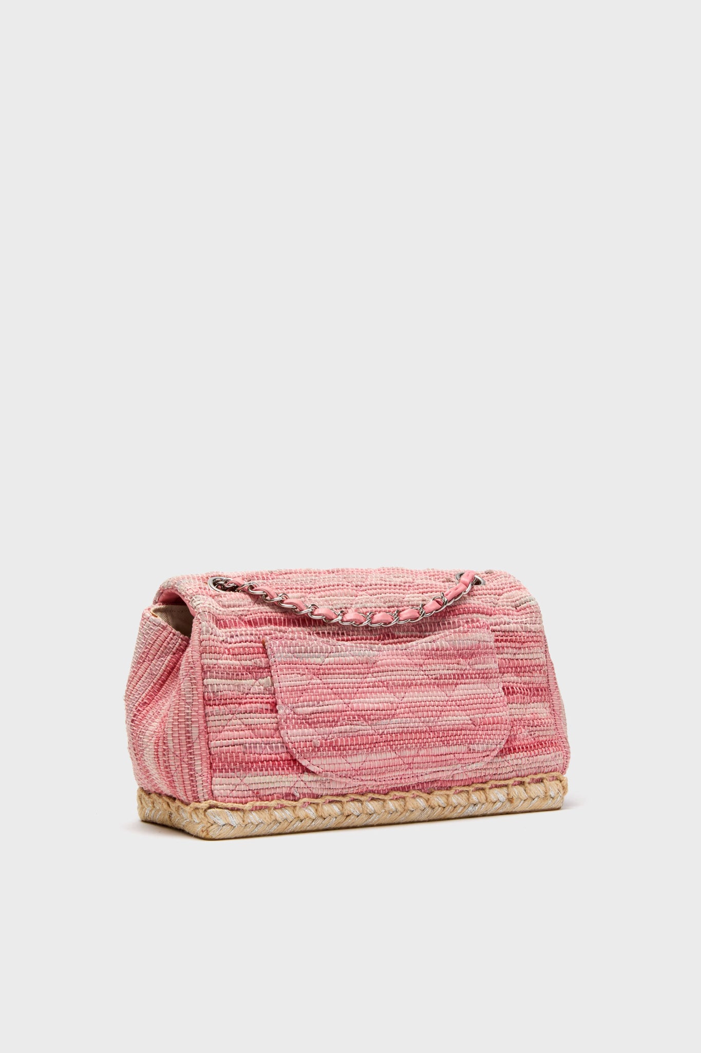 CHANEL Pink Classic Raffia Espadrille Flap Bag