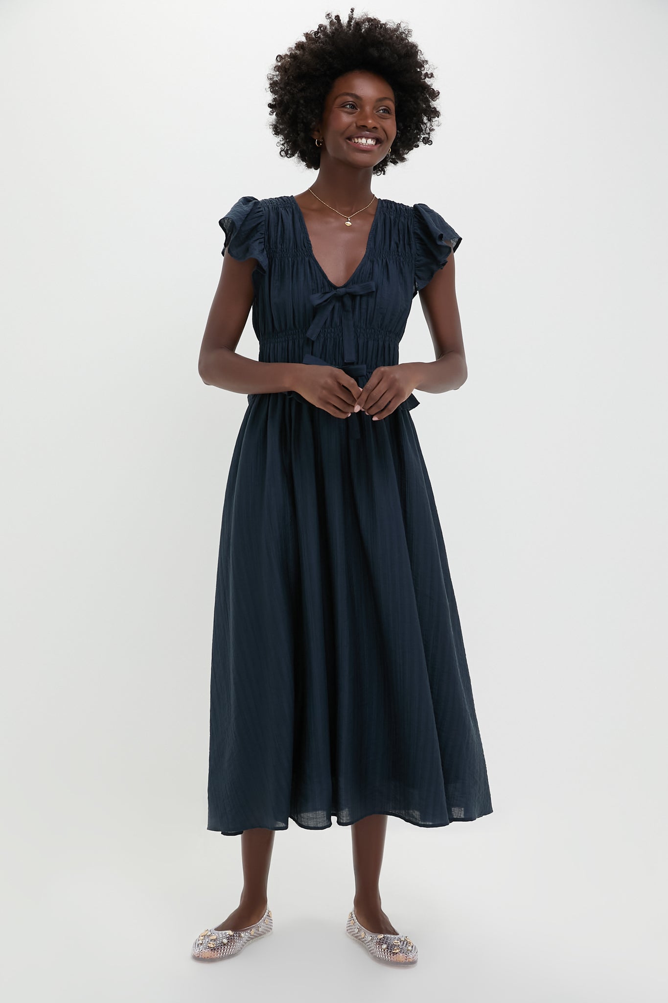 Navy Flutter Sleeve Tie Front Midi Dress | Moon River