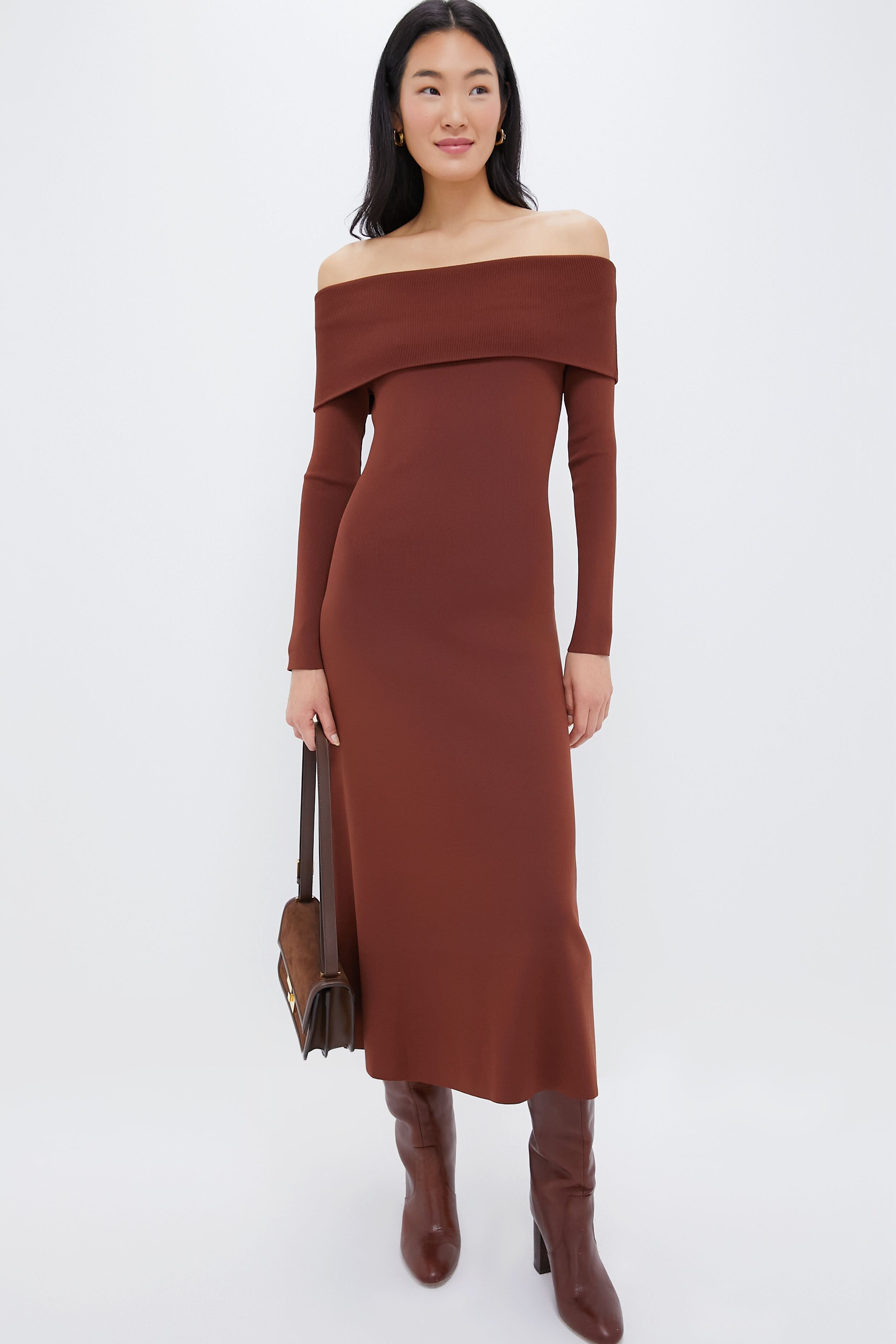 Mocha Knit Off-The-Shoulder Adrianna Dress | Hyacinth House