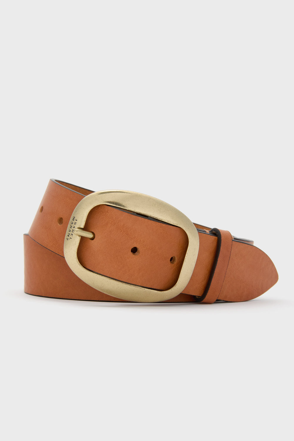 The Isabel Marant Cognac Dara Buckle Belt features brown calfskin leather and a large, rounded brass buckle elegantly coiled.