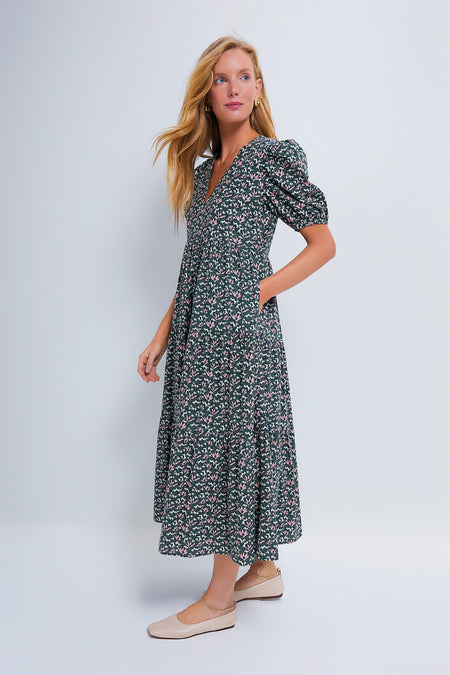 Green & Pink Floral Tiered Sadie Midi Dress