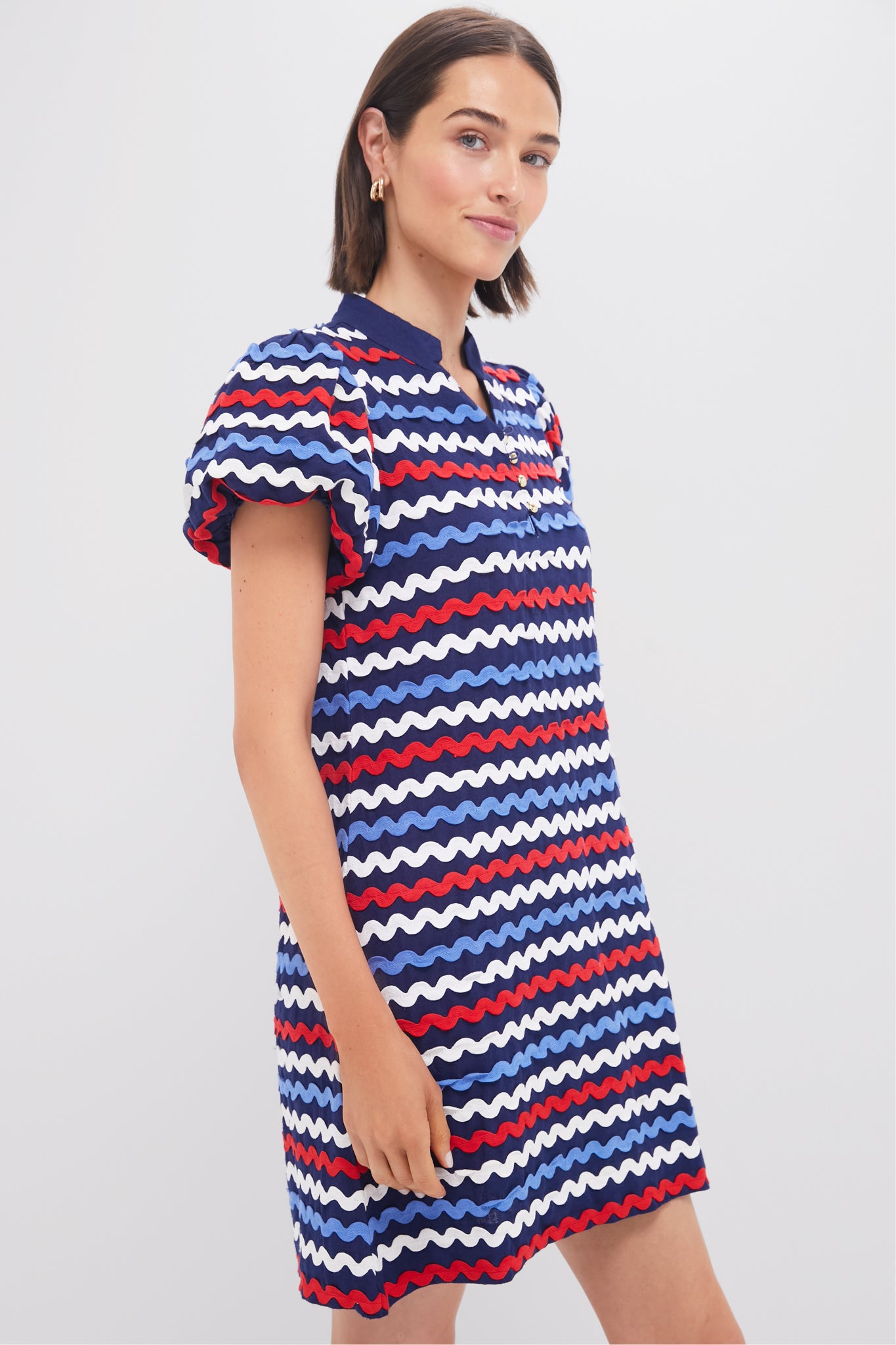 Navy Multi Ric-Rac Button Front Mini Dress