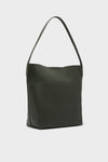 Classic Seaweed Everyday Cabas tote in dark olive-green pebbled leather, featuring a slouchy silhouette, single shoulder strap, front patch pocket, offering effortless, high-end style.