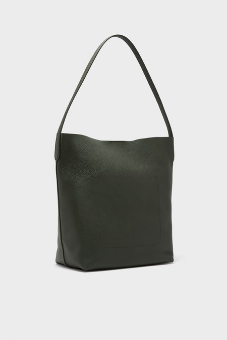 Classic Seaweed Everyday Cabas tote in dark olive-green pebbled leather, featuring a slouchy silhouette, single shoulder strap, front patch pocket, offering effortless, high-end style.