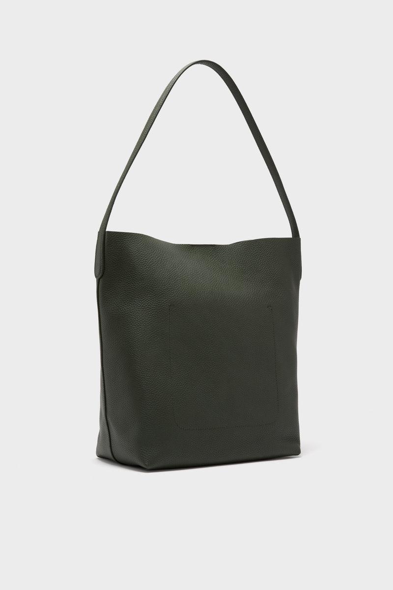 Classic Seaweed Everyday Cabas tote in dark olive-green pebbled leather, featuring a slouchy silhouette, single shoulder strap, front patch pocket, offering effortless, high-end style.