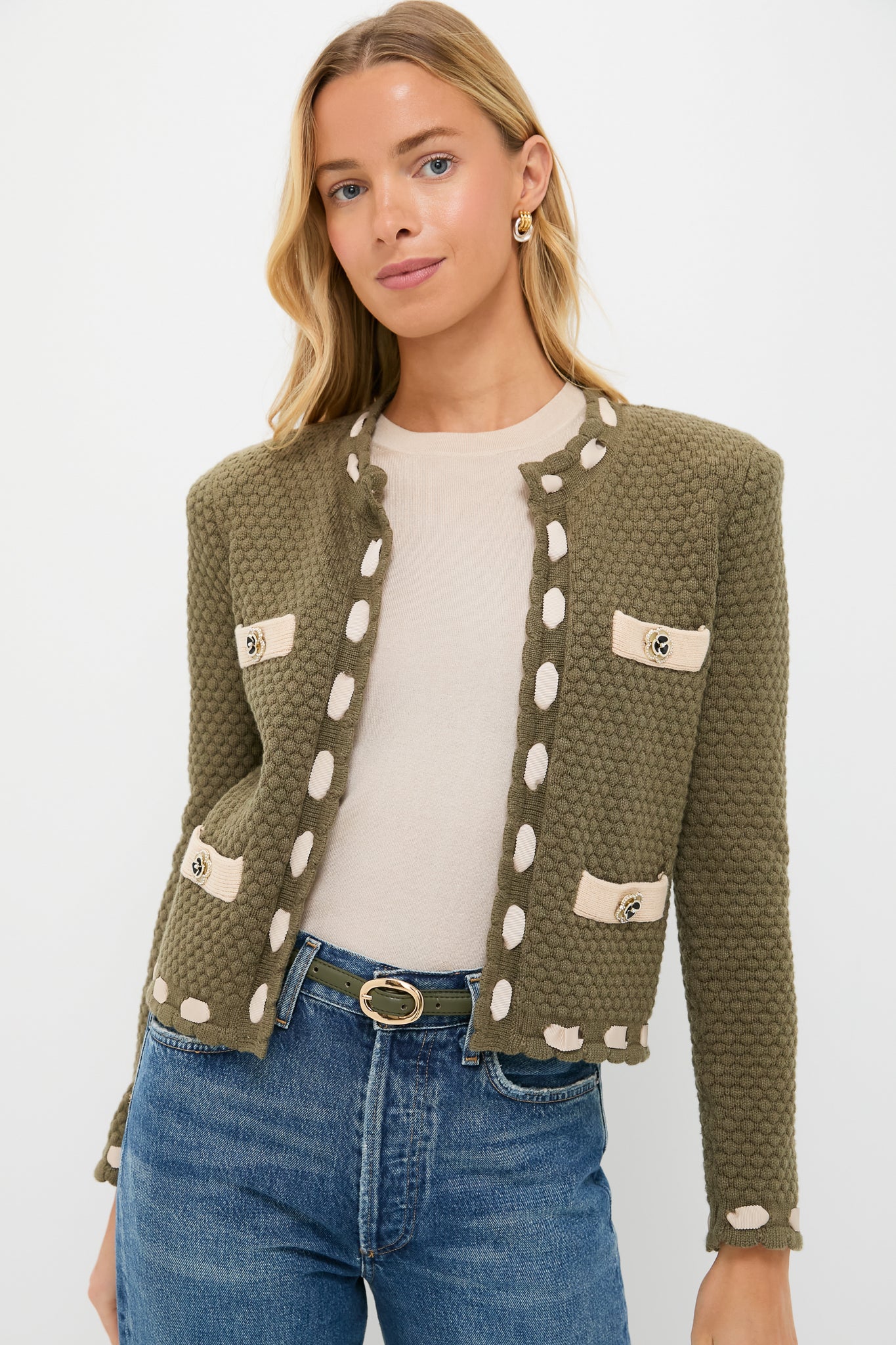 Army and Biscuit Astor Contrast Trim Cardi