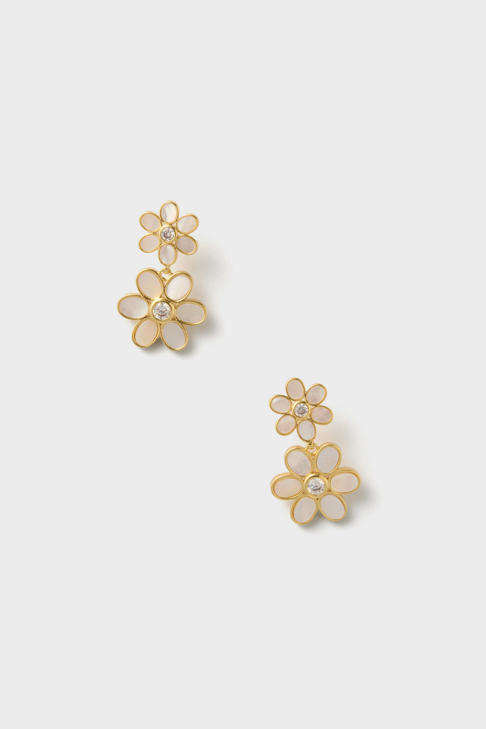 ASHA 14k Gold Dipped earrings shaped like flowers feature Mother of Pearl centers in a charming White Daisy Double Earrings design.