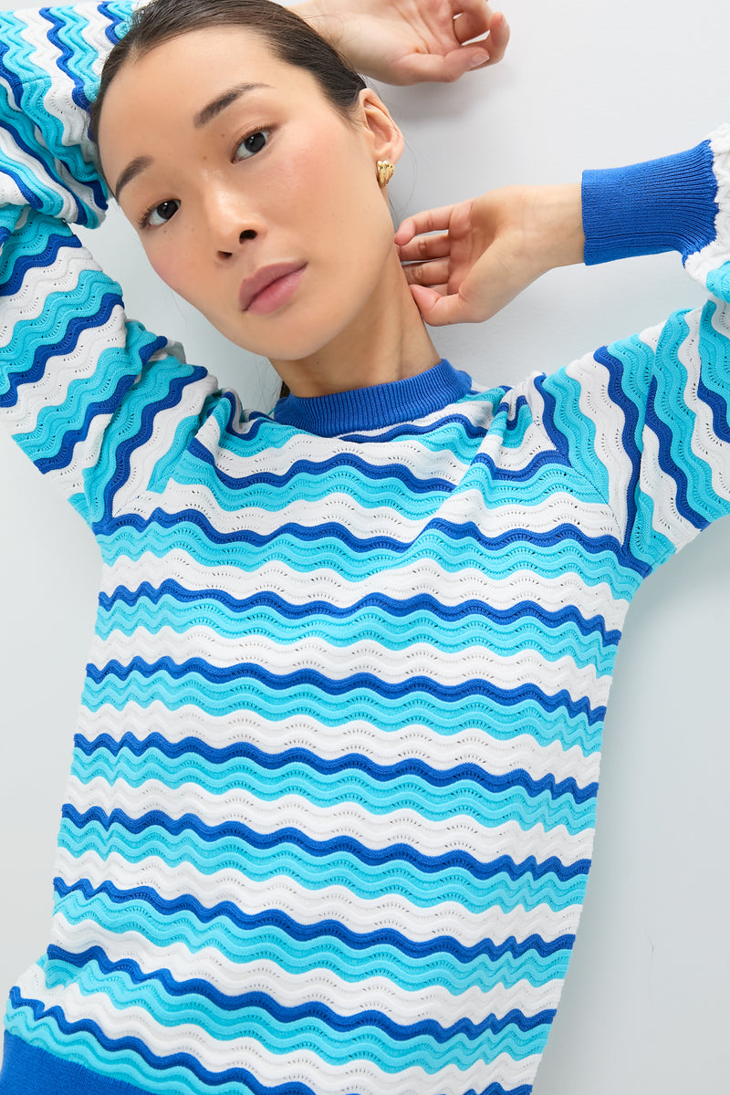 Aqua Wavy Stripe Callie Crewneck