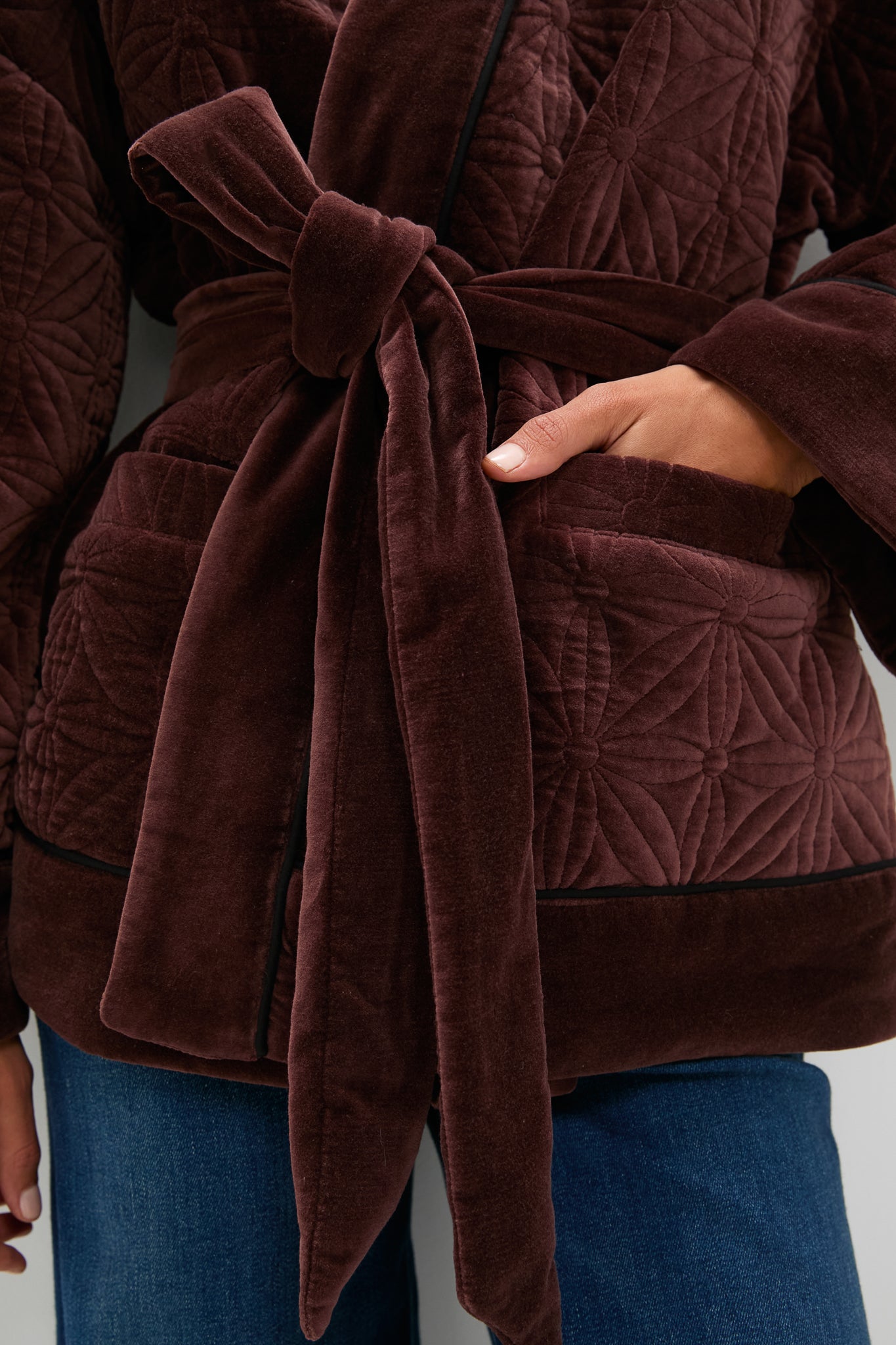 Chocolate Quilted Velvet Simone Wrap Jacket