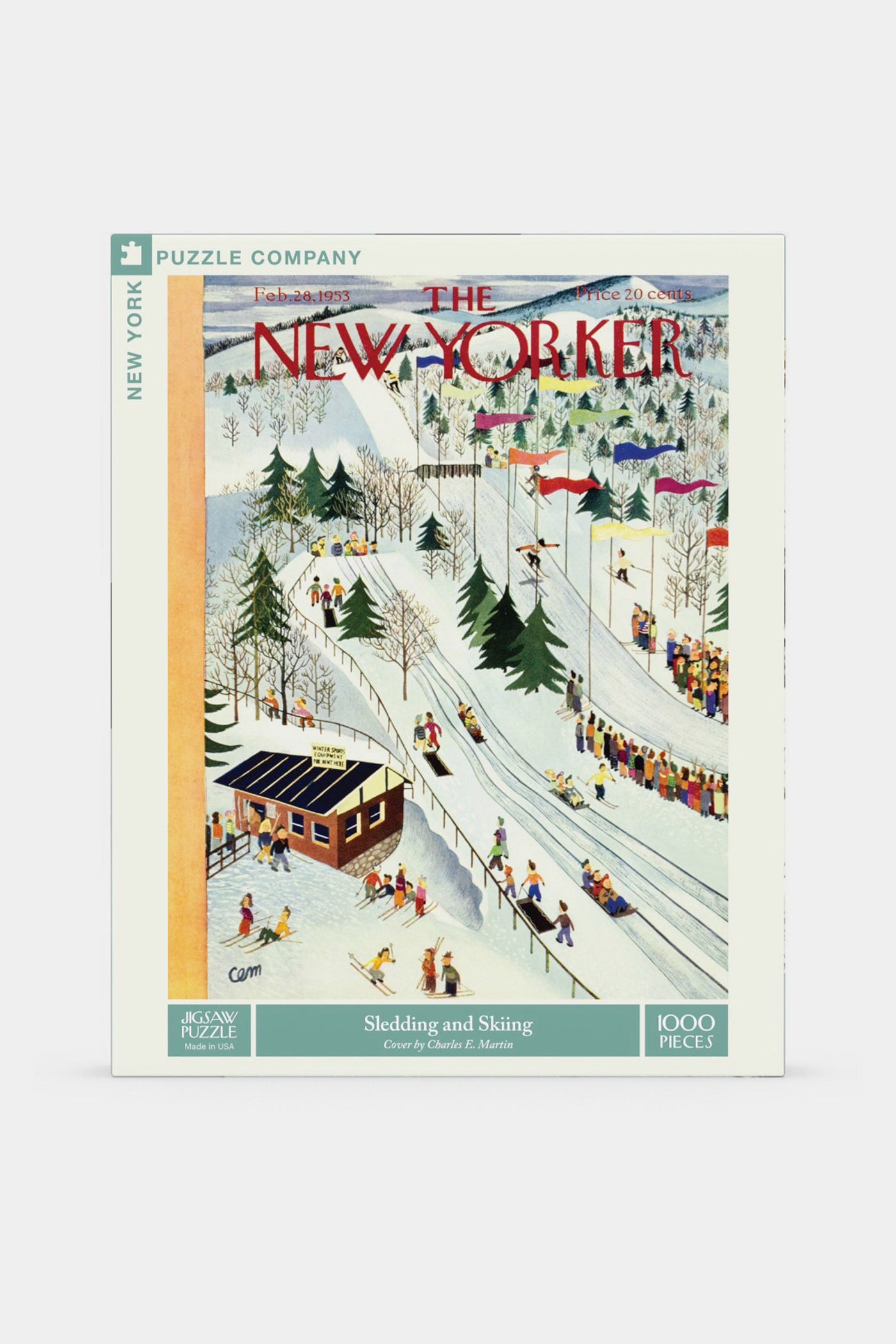 Enjoy this 1000-piece puzzle from New York Puzzle Company, featuring charming vintage art of people sledding and skiing on snowy slopes, with trees and a ski lift in the scene.