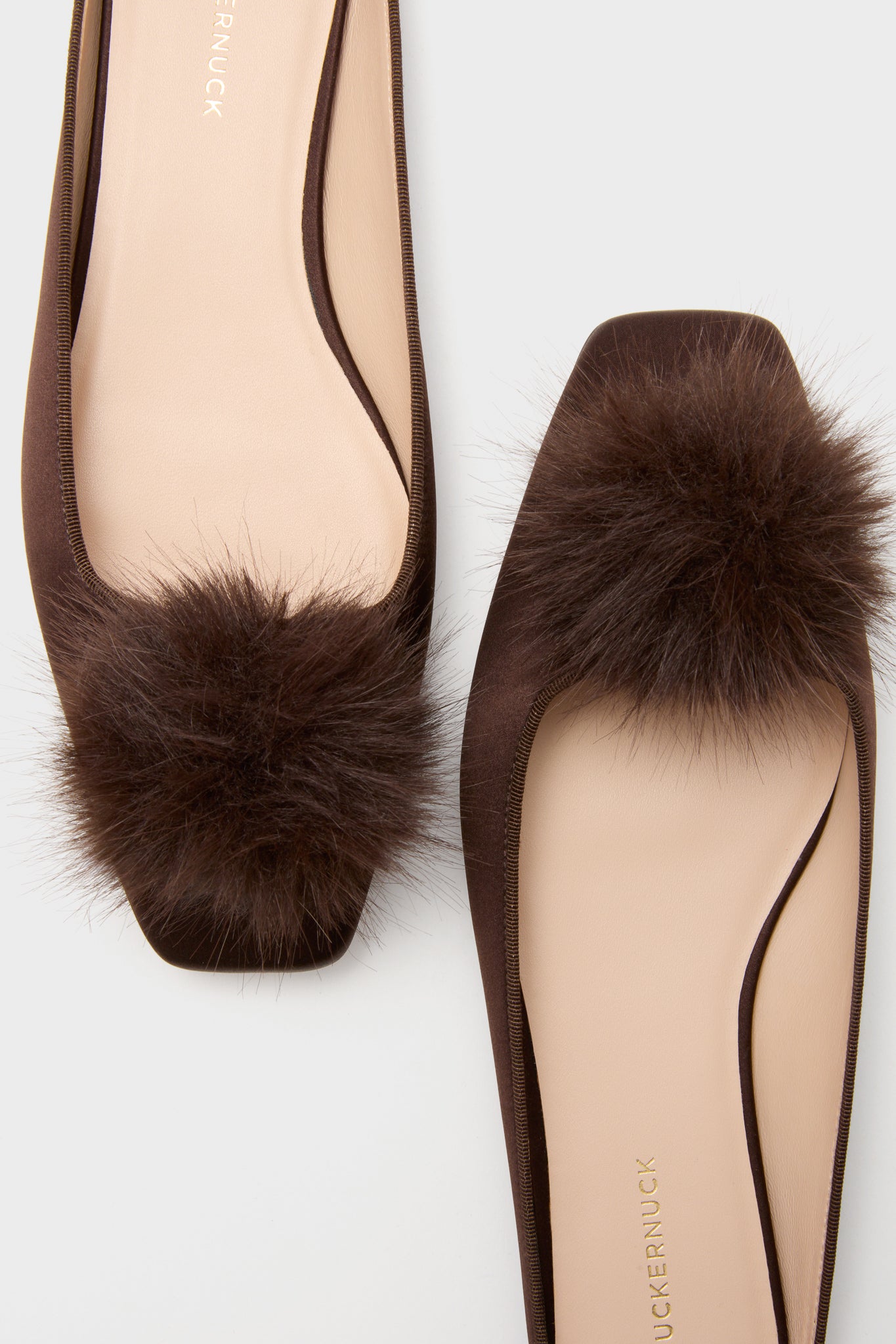 Chocolate Satin Nilli Flats with Pom Pom