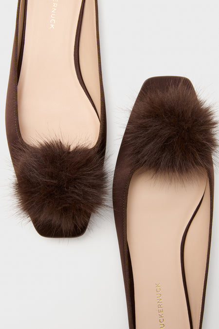 Chocolate Satin Nilli Flats with Pom Pom