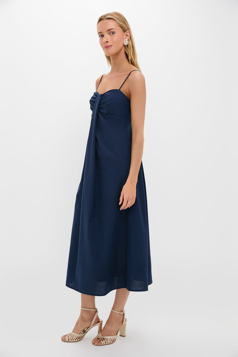 Navy Linen Front Pleated Zoe Dress