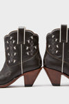 Chocolate and White Low Bright Boots: Classic western-style ankle boots with effortless vintage charm, featuring pointed toes, embroidered cut-out details, and side pulls for a fun, high-end look.