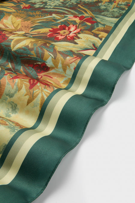 Forest Toile Large Scarf: A classic, high-end accessory featuring an effortless botanical print with deep-green borders. This versatile, fun piece enhances any style.