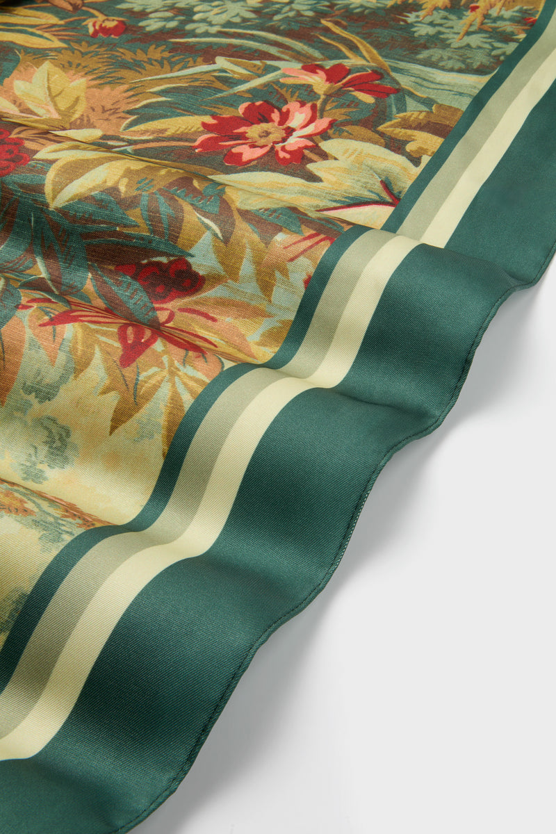 Forest Toile Large Scarf: A classic, high-end accessory featuring an effortless botanical print with deep-green borders. This versatile, fun piece enhances any style.