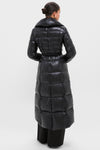 Black Nylon Ultralight Quilted Maxi Coat with Elastic Belt