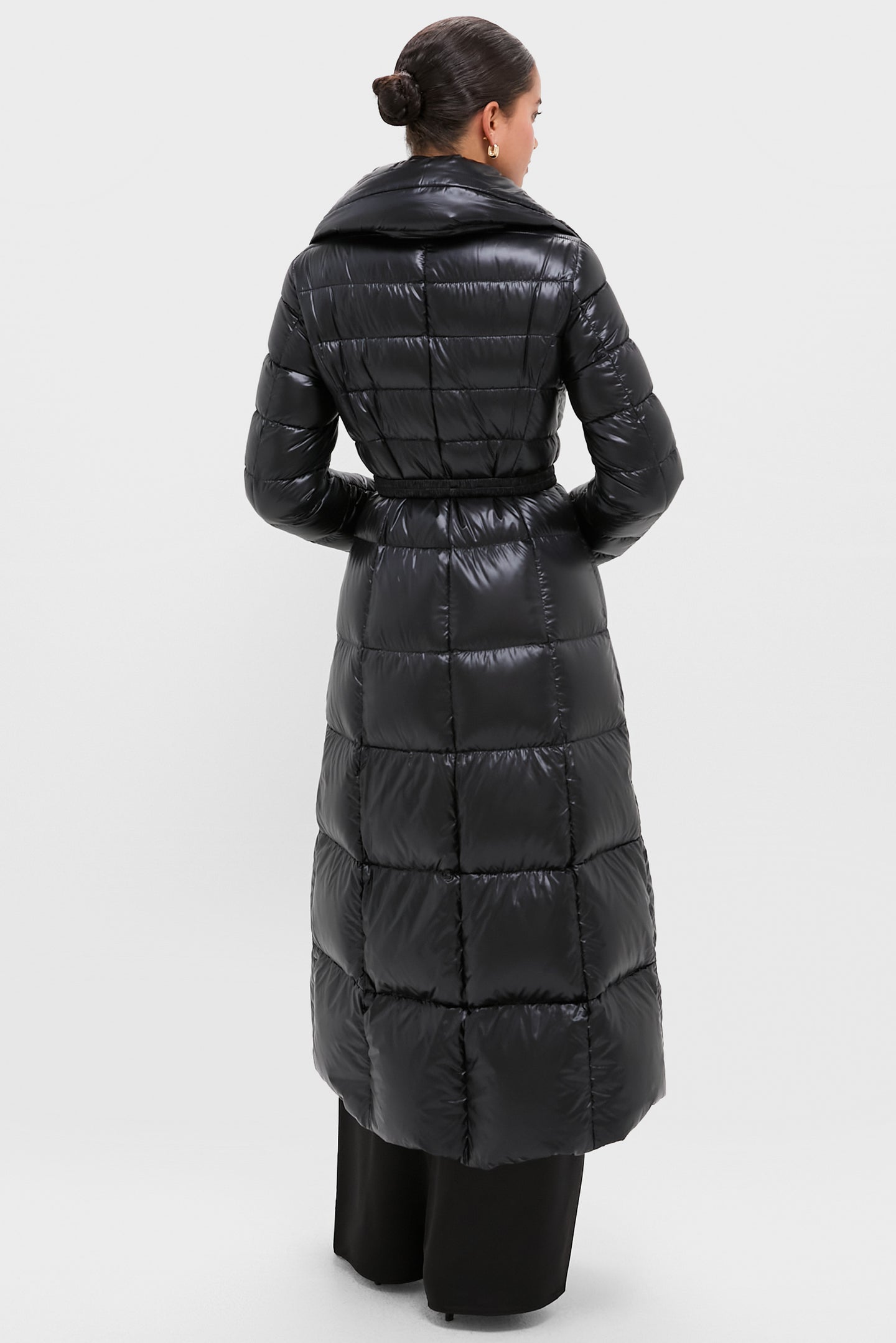 Black Nylon Ultralight Quilted Maxi Coat with Elastic Belt