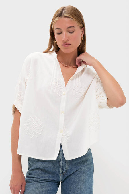 French Knot Floral Sand Mandarin Collar Top