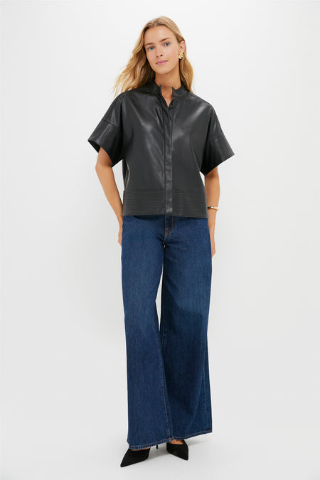 Black Leather Trapunto Stitch Sofia Shirt