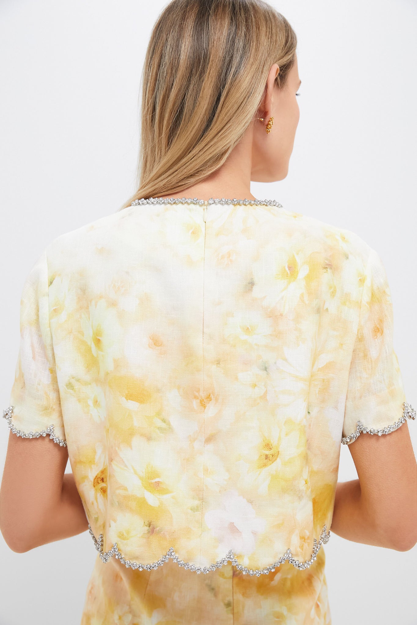 Yellow Floral Crush Scalloped Top