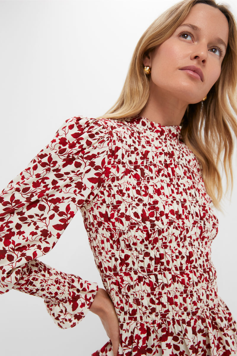 Red & Cream Floral Smocked Cynthia Blouse
