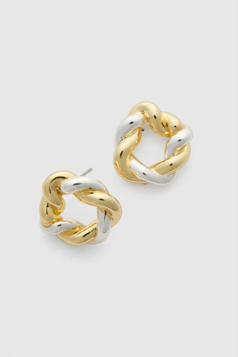 Gold Silver Hailey Studs feature classic, knot-style design with intertwined gold and silver tones, offering an effortless, fun, and high-end look for any occasion.