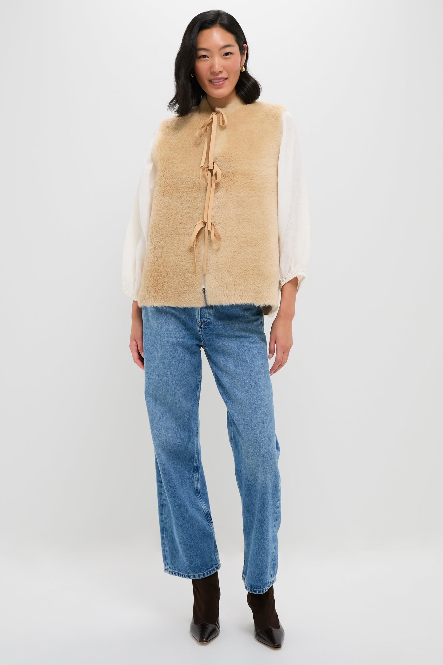Cream Elliot Shearling Tie-Front Vest